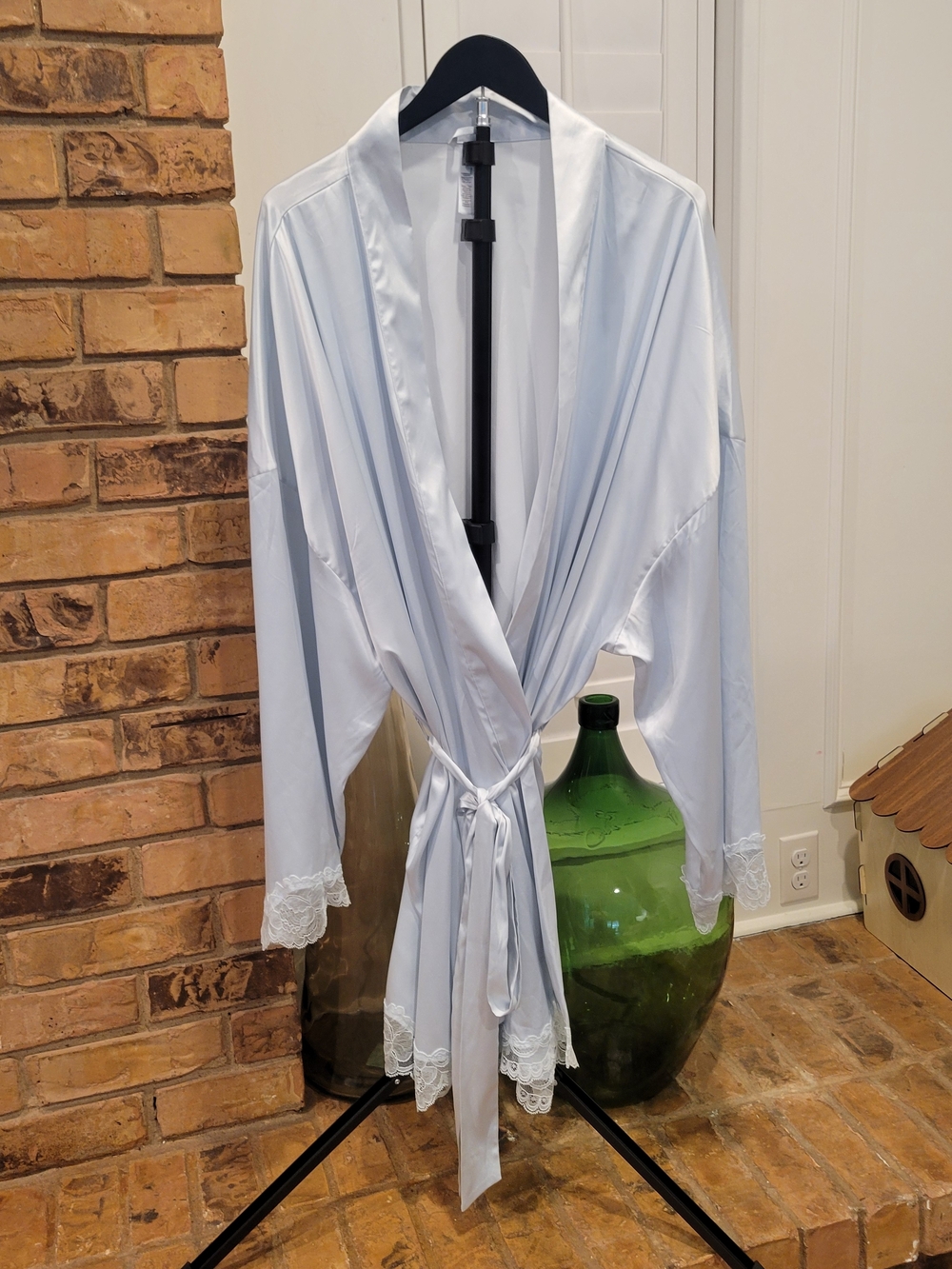 SKIMS Light Blue Satin Lace-Trim Wrap Robe